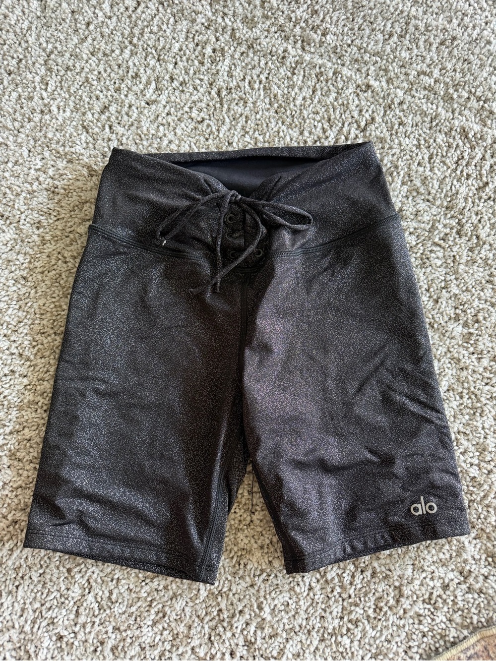 ALO Yoga Black Shimmer Lace-Up Bike Shorts